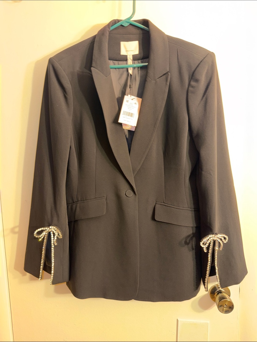 cinq a sept Black Blazer with Rhinestone Bow Cuff Detail